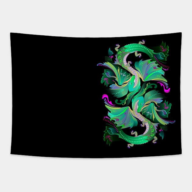 Couple green dancing dragons Tapestry by Artist Natalja Cernecka