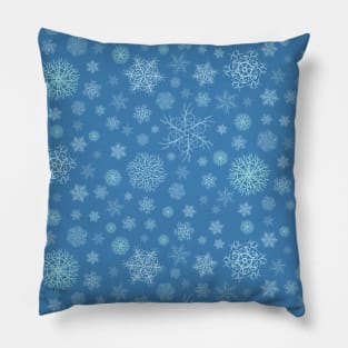 Snow time. Winter time. Christmas snow flakes. Colorful Christmas gift. Pillow