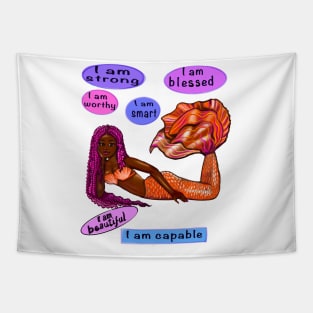 African American mermaid with pink Afro hair braids motivational affirmations inspirational Tapestry