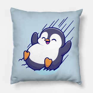 Cute Penguin Sliding On Ice Cartoon Pillow