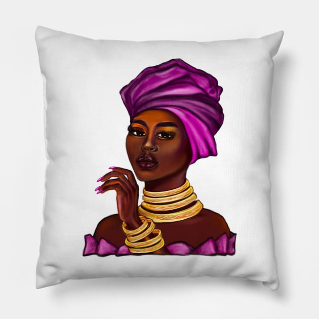 Queen side eye Black is beautiful black girl with Gold bangles, neck ring necklace, purple dress and head wrap, brown eyes and dark brown skin ! Pillow by Artonmytee