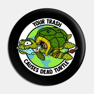 trash turtle, plastic pollution and environmental action icon. Pin