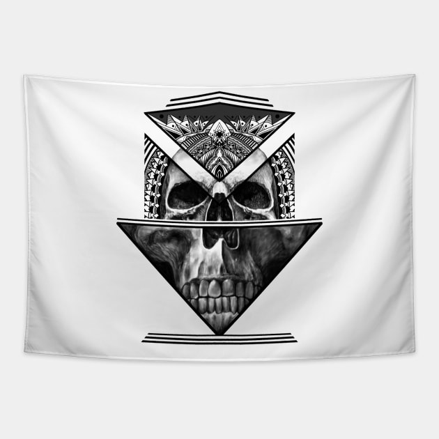 SKULL ORNAMENTAL POLYNESIAN BLACK WHITE Tapestry by asulokal