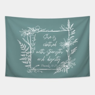 She Is Clothed Wildflower Frame Bible Verse Tapestry