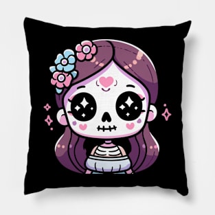 Kawaii Girl in a Halloween Costume | Cute Kawaii Chibi Skeleton Ghost Design Pillow