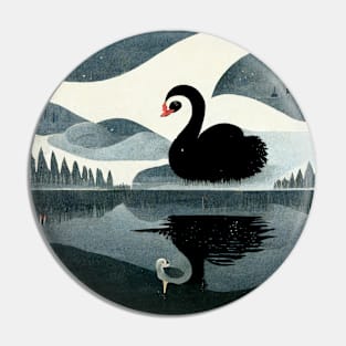 Graceful black swan swimming with reflection in the water. Pin