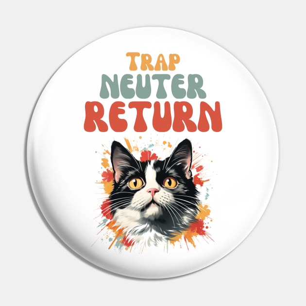 Groovy Trap Neuter Return Cat Design - Supporting Feral Cats' Welfare Pin by KittyStampedeCo