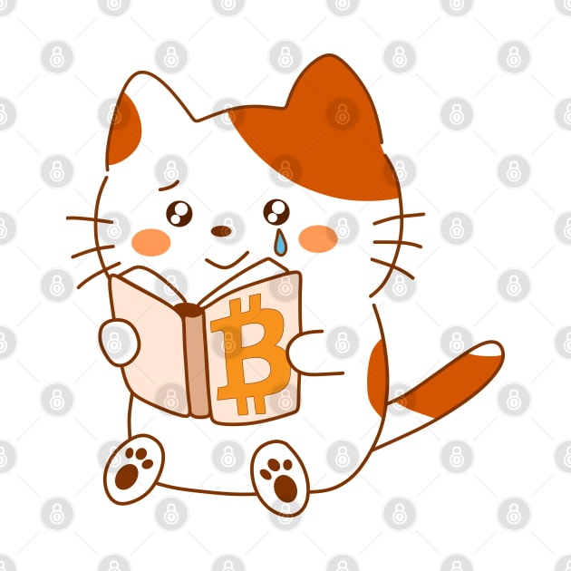 Cute kawaii cat discovers the beauty of Bitcoin, reading a book with a tear of joy by Babush-kat