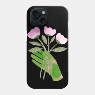 Green hand with pink flowers for you on black Phone Case