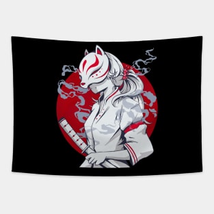 Kitsune fox japanese nine tailed fox cherry blossom flowers t shirt Tapestry