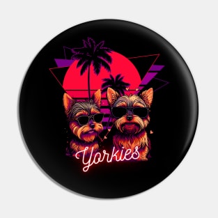 Yorkie's With Sunglasses and Retro Palm Tree Sunset Pin