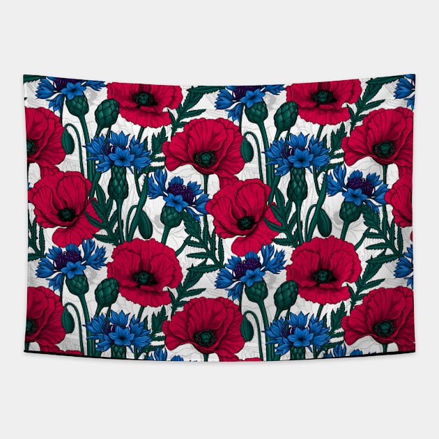 Red poppies and blue cornflowers on white Tapestry by katerinamk