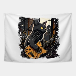 Black Cat Playing Guitar - Musician Cat Lover Tapestry