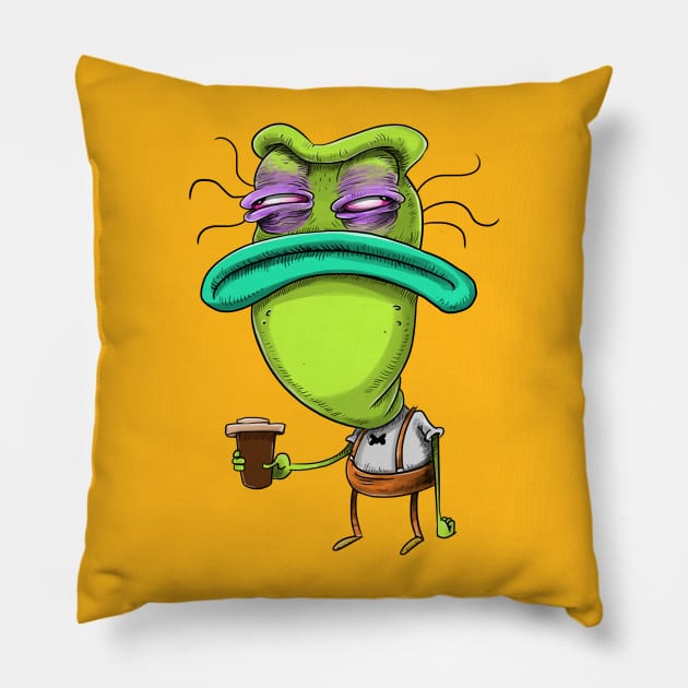 mr big head before coffee Pillow by idrawcartoons