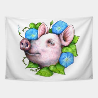 Pig in the Morning Glories Tapestry