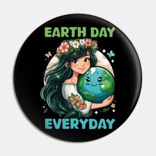 Earth Day Everyday Save the Planet Cute Girl Floral Earth Day 2024 Pin