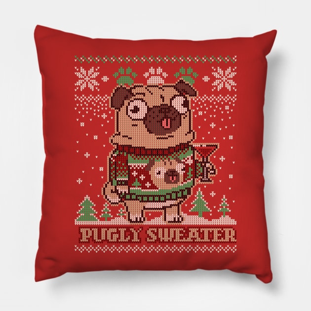 Pugly Christmas Sweater Pug T shirt Merry Pugmas Dog Lover Pillow by vo_maria