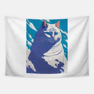 a big chonky white cat with blue eyes merged with the clouds - anime style Tapestry