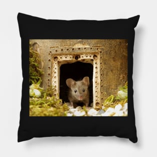 George the mouse in a log pile house Pillow