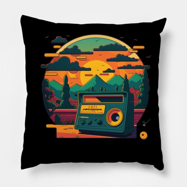 Retro Sunset -  Lofi Chill Music Pillow by TriHarder12