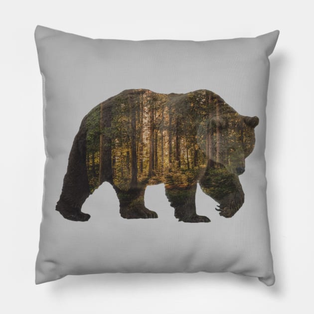 Grizzly Bear Silhouette with Foggy Forest Pillow by mikels