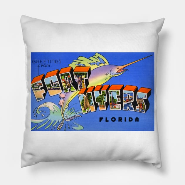Greetings from Fort Myers Florida, Vintage Large Letter Postcard Pillow by Naves