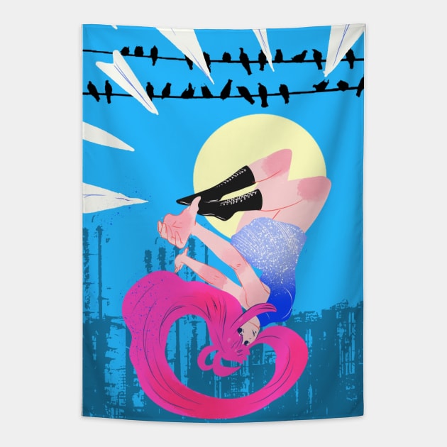 Paper plane beautiful woman upside down moon town and bird Tapestry by meisanmui