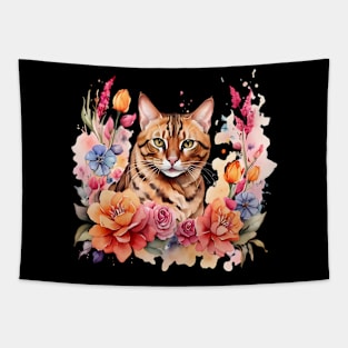 A bengal cat decorated with beautiful watercolor flowers Tapestry