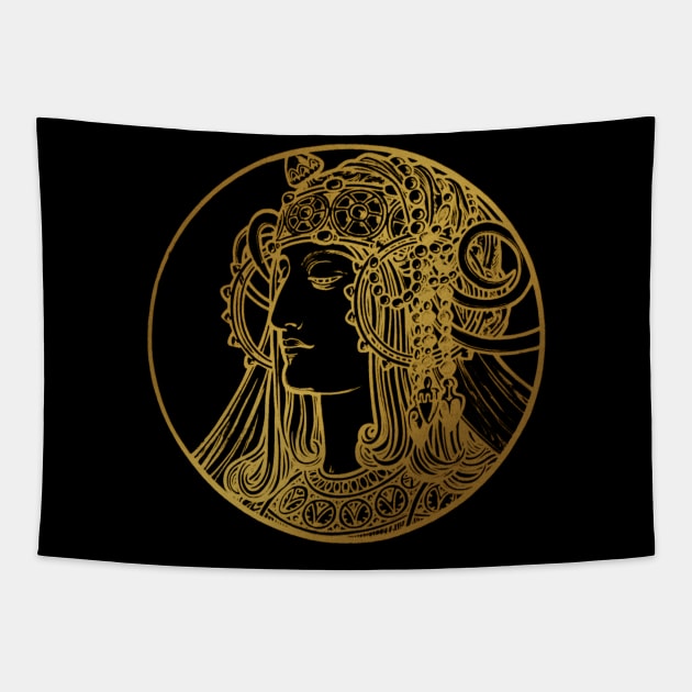 Art nouveau gold silhouette lady 5 Tapestry by Allbestshirts