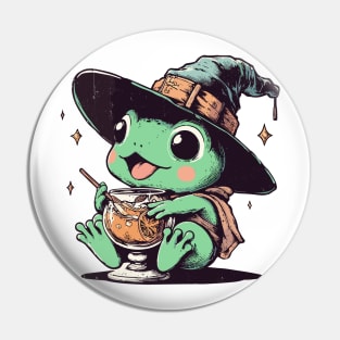 Retro kawaii witchy frog drink orange juice Pin