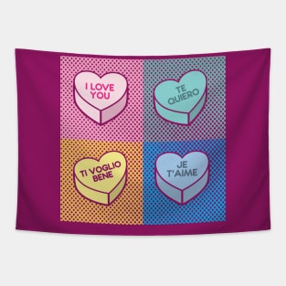 Pop Art love in any language Candy Hearts Tapestry