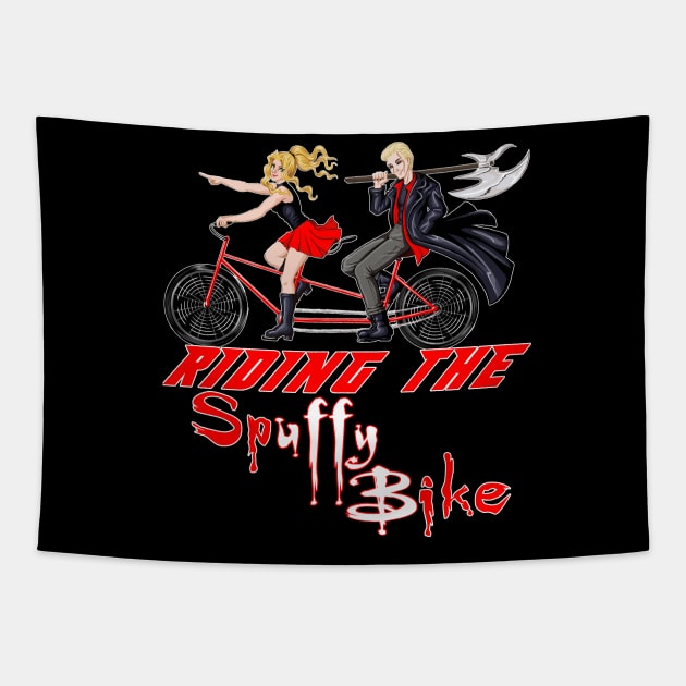 Riding the Spuffy Bike (white outline) Tapestry by bengman