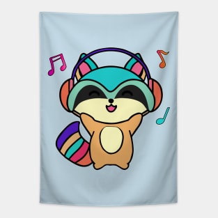 Happy smiling baby raccoon with headphones. Kawaii cartoon Tapestry