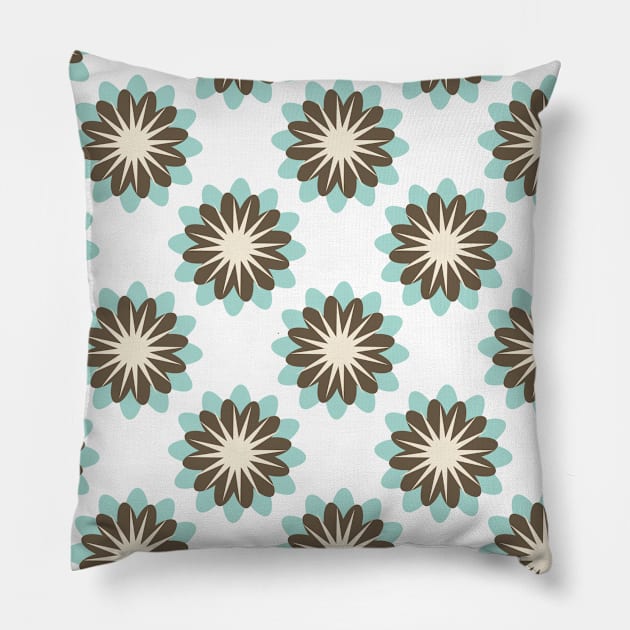 Retro Flower Pattern in light blue, brown and cream Pillow by tramasdesign