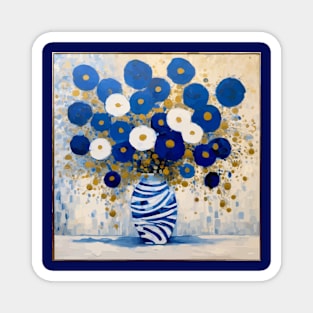 Blue and White Flowers in a Striped Vase Magnet