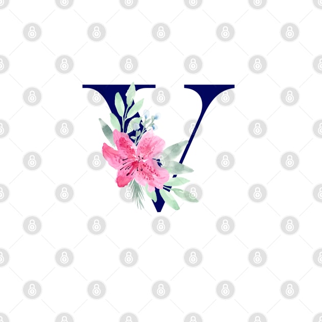 Watercolor Floral Letter V in Navy by Harpleydesign