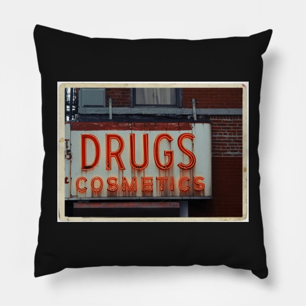 Drugstore Neon Sign in the East Village - Kodachrome Postcards Pillow by Reinvention