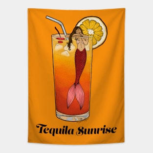 Tequila Sunrise Mermaid Cocktail Illustration Tapestry