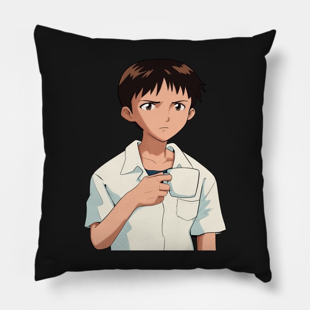 Shinji Holding a Mug HD Restored image Neon Genesis Evangelion Pillow by Scribble-LeviJo