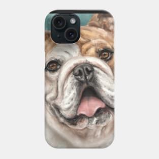 Painting of a White and Brown Bulldog With Its Tongue Out on Blue Background Phone Case