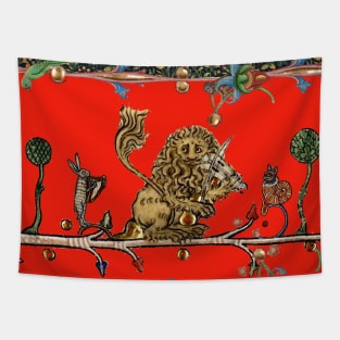 WEIRD MEDIEVAL BESTIARY MAKING MUSIC Violinist Lion,Hare,Snail Cat in Royal Red Tapestry