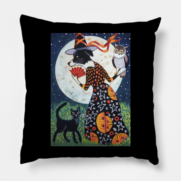 Art Deco Witch and her cat Pillow by ashleywolffart