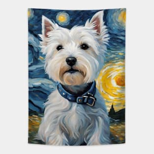 Adorable West Highland White Terrier Dog Breed Painting in a Van Gogh Starry Night Art Style Tapestry