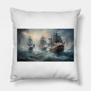 Naval Battle Between Pirate Sailing Ships, Caribbean Seascape #3 Pillow