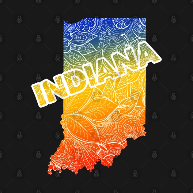 Colorful mandala art map of Indiana with text in blue, yellow, and red by Happy Citizen