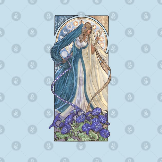 Lady of September with Sapphire and Morning Glories Celestial Moon and Sun Goddess Mucha Inspired Birthstone Series by angelasasser