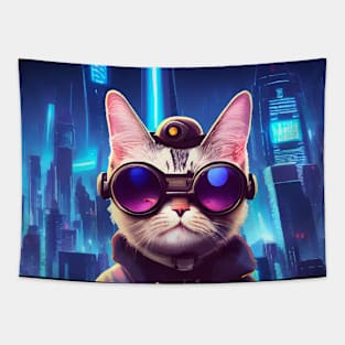 Cool Japanese Techno Cat In Japan Neon City Tapestry