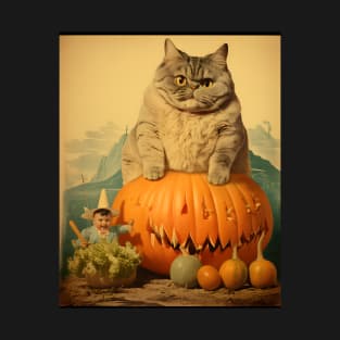 Weird Vintage Fat Cat and Pumpkin Halloween Collage - Whimsical Retro Charm T-Shirt