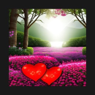 Valentine Wall Art - Hearts in a sunrise garden - Unique Valentine Fantasy Planet Landsape - Photo print, canvas, artboard print, Canvas Print and T shirt T-Shirt