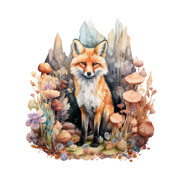 Fox, Crystals, and Mushrooms Fantasy Watercolor by LunaElizabeth